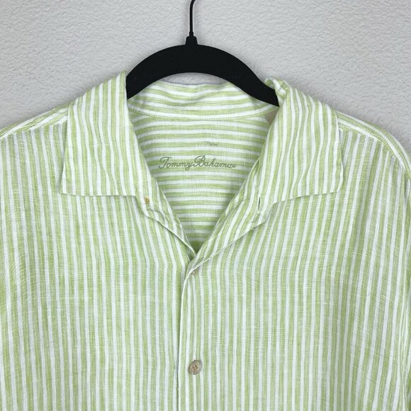 Tommy Bahama Men's Large 100% Linen Button Down Collared Shirt Green White Strip - Picture 2 of 16